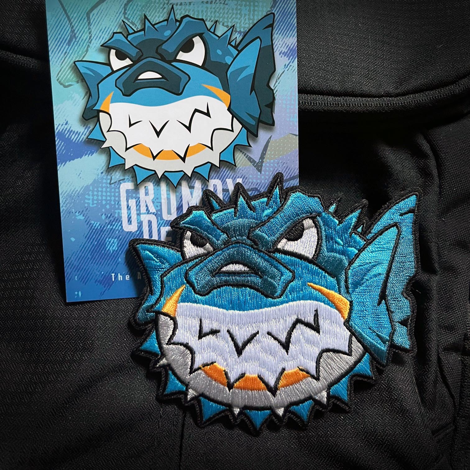 Grumpy Blue Puffer Fish Embroidery Patch - Image 2
